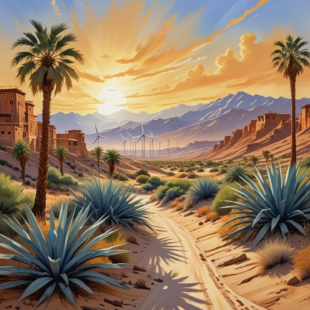 Desert Oasis Powered by Renewable Energy: Gouache Impression...