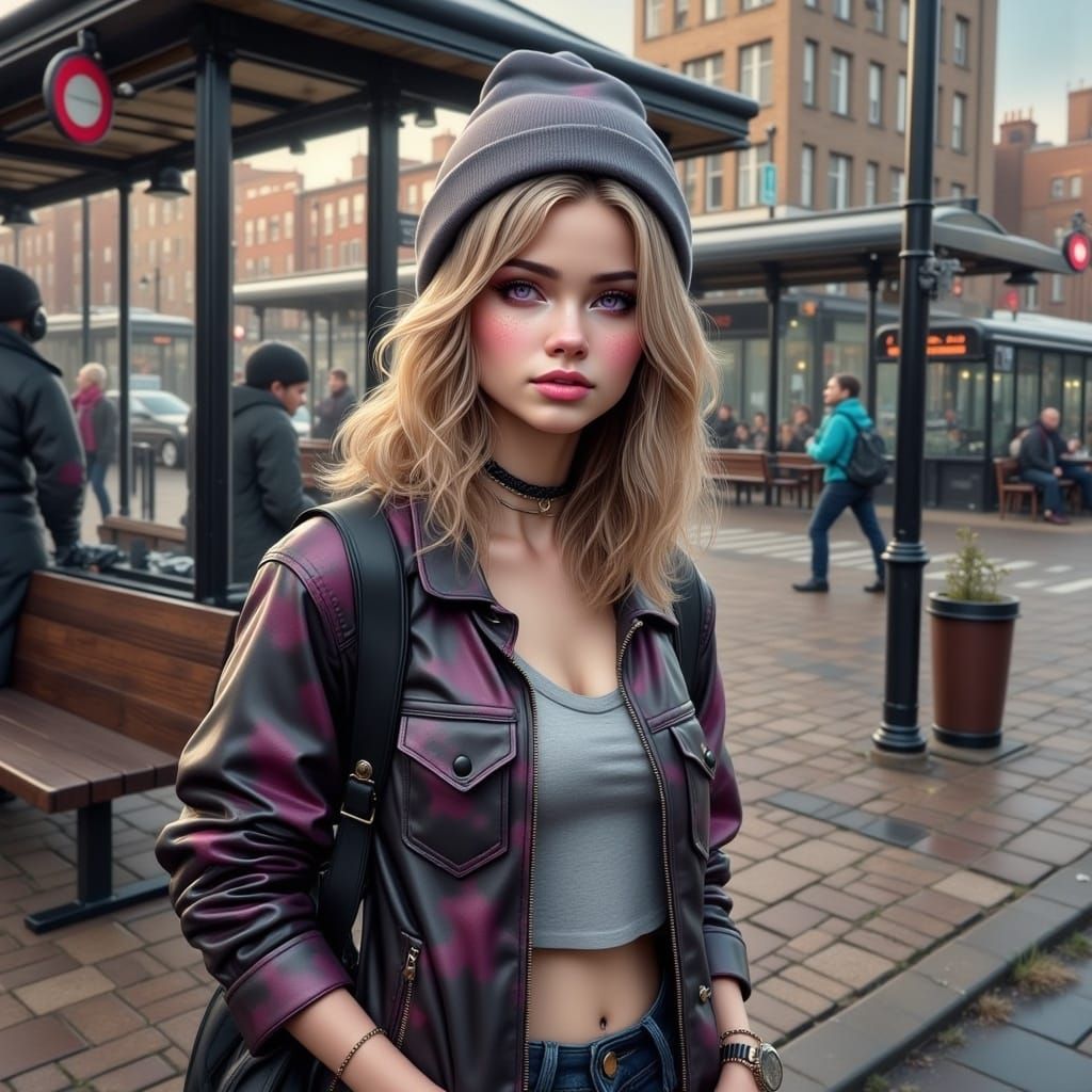 Cyberpunk Sorceress at Bus Stop, Matte Painting