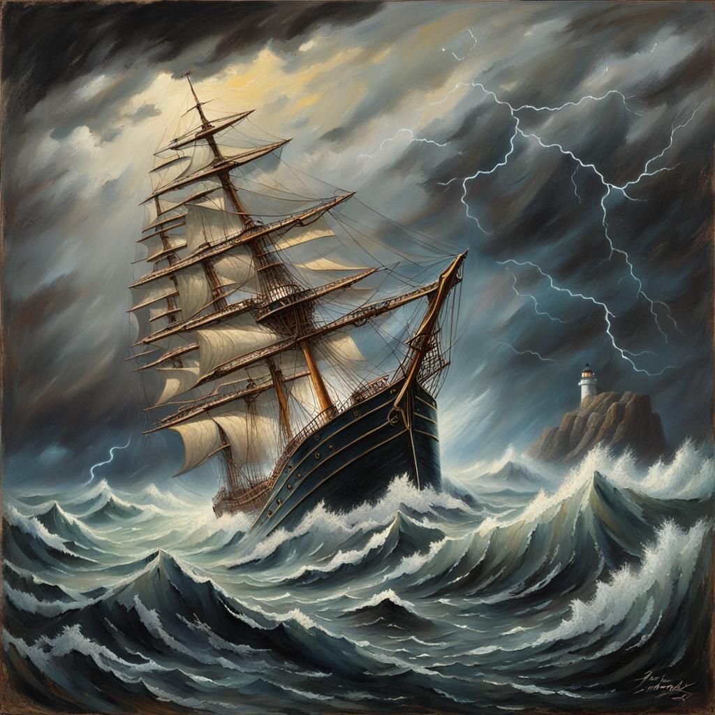 Sailing Ship Navigating Stormy Seas: Oil Painting
