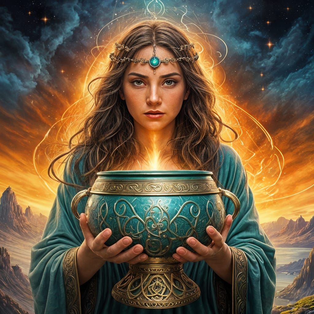 Enigmatic Goddess with Cauldron: Surreal Oil Painting