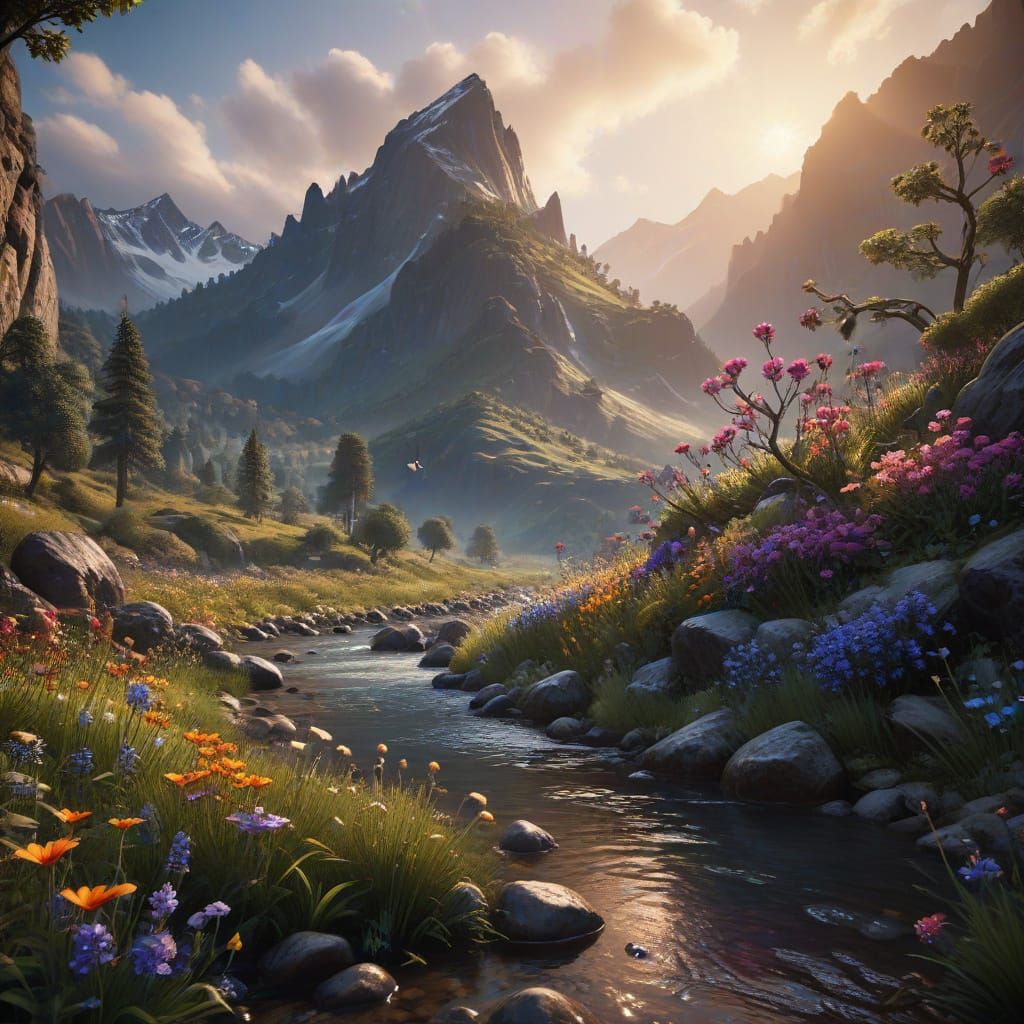 Surreal Mountain Landscape with Vibrant Wildflowers and Whim...