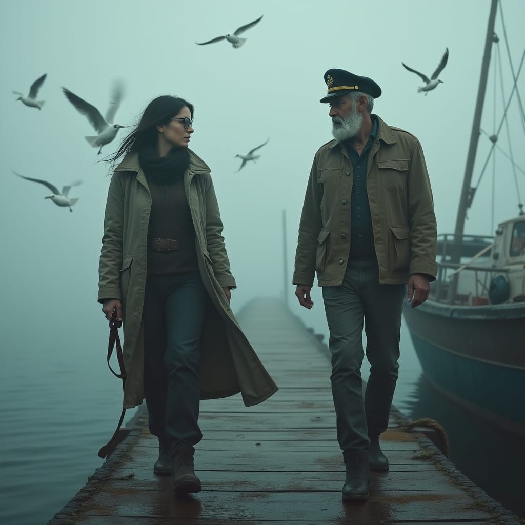 Misty Coastal Town Arrival in Eerie Realistic Style