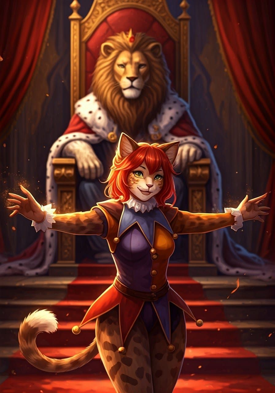 Whimsical Jester Cat in Vibrant Fantasy Realm