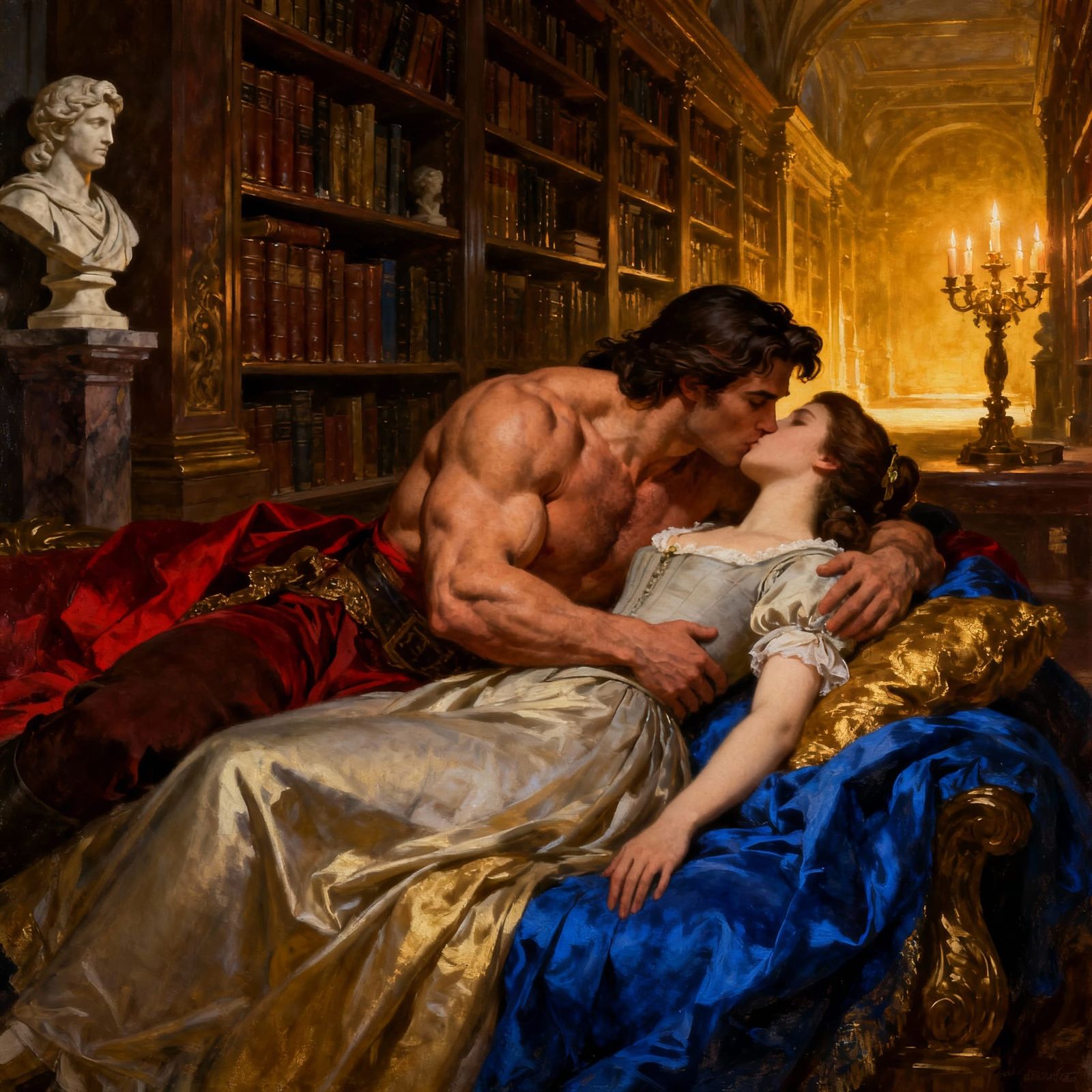 Gaston and Belle Kiss in Romantic Library
