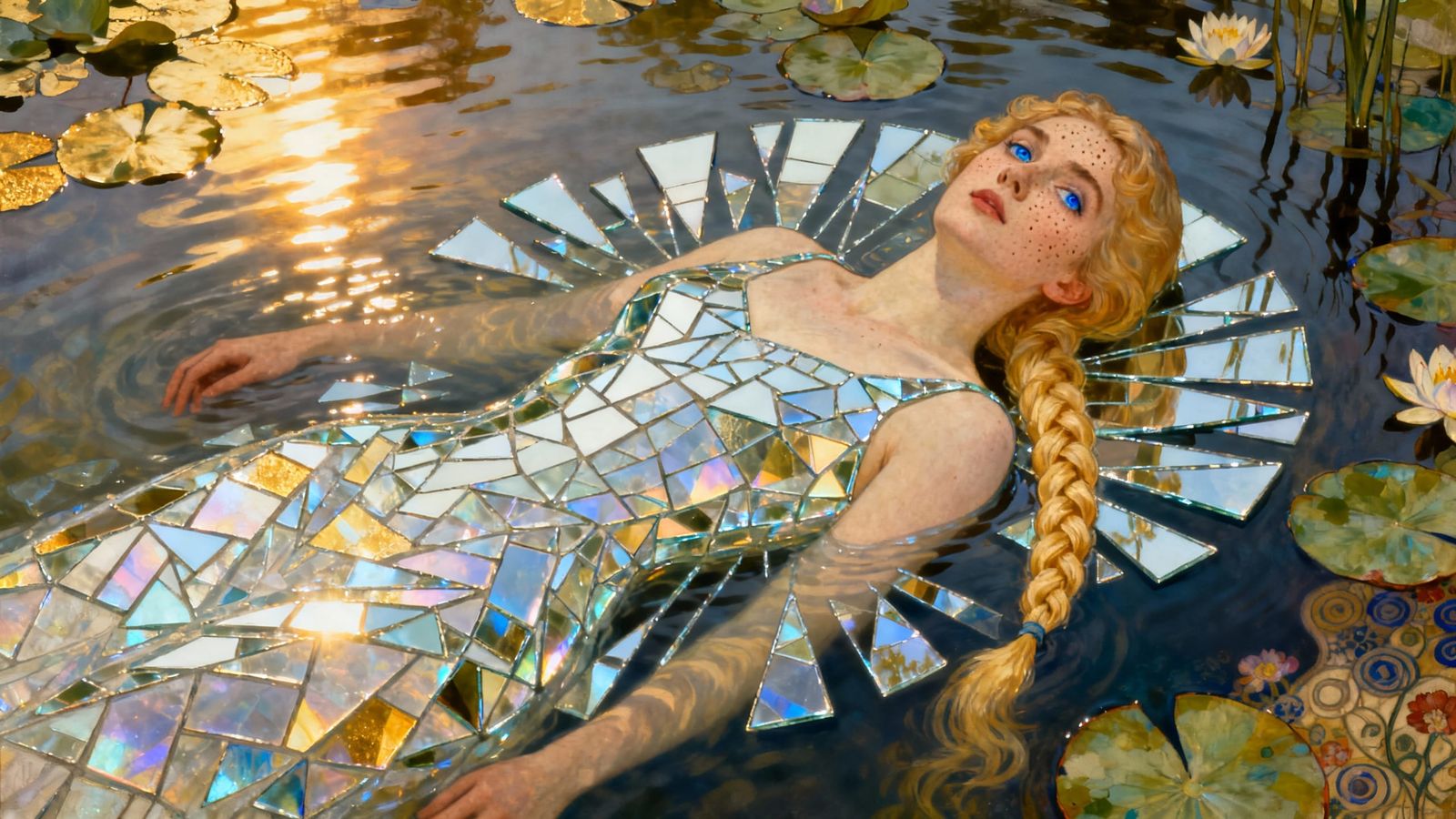 Woman in Reflective Glass Dress Lying in Water