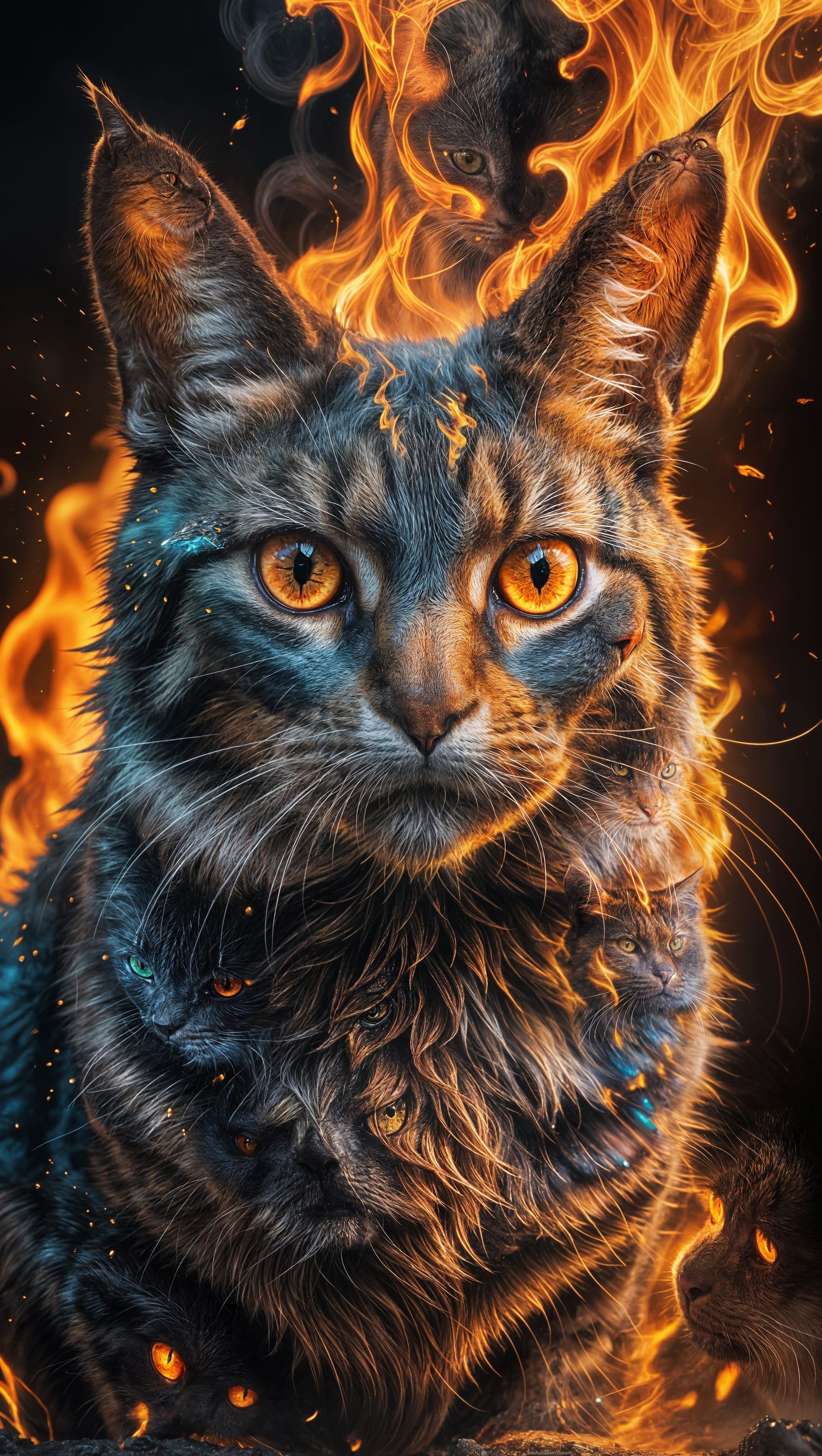 Fiery Rabbit and Cat: Hyperrealistic Splash Art