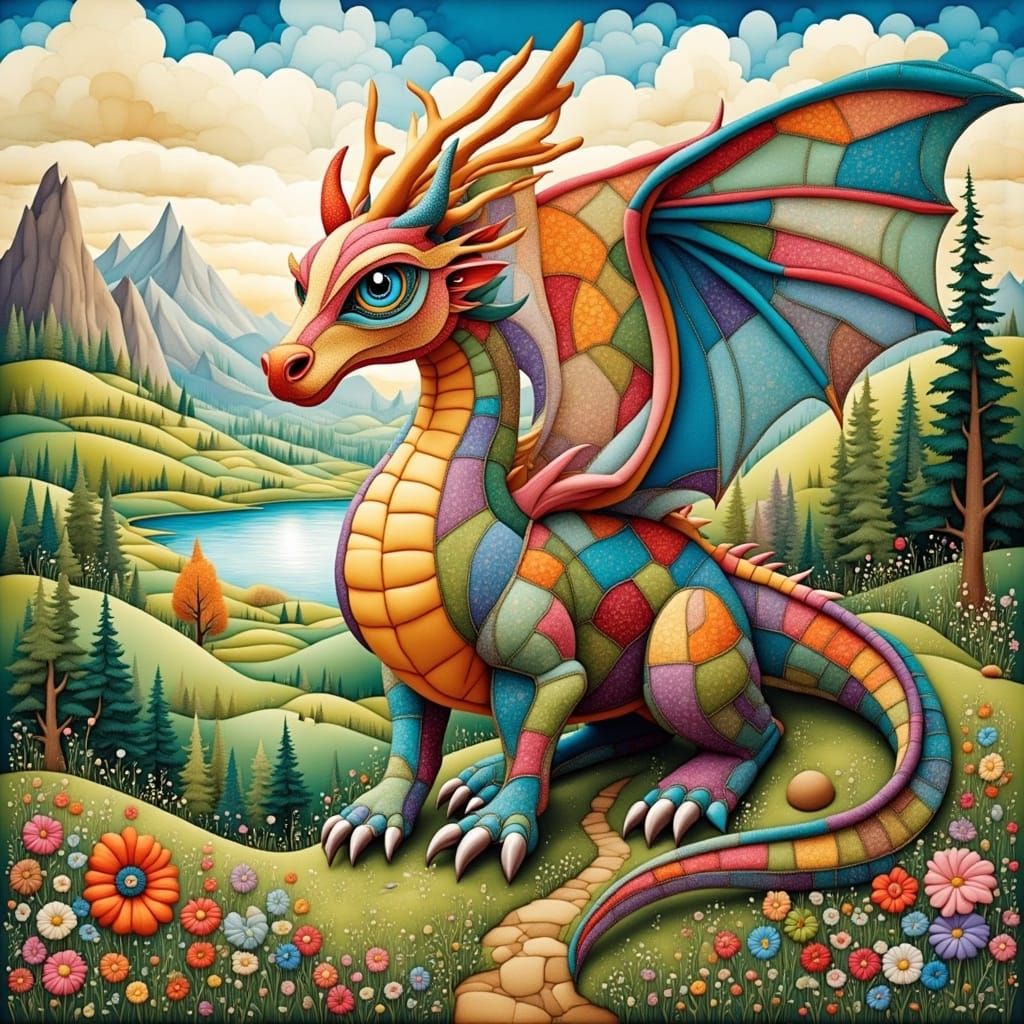 Patchwork Dragon Portrait in Watercolor Style
