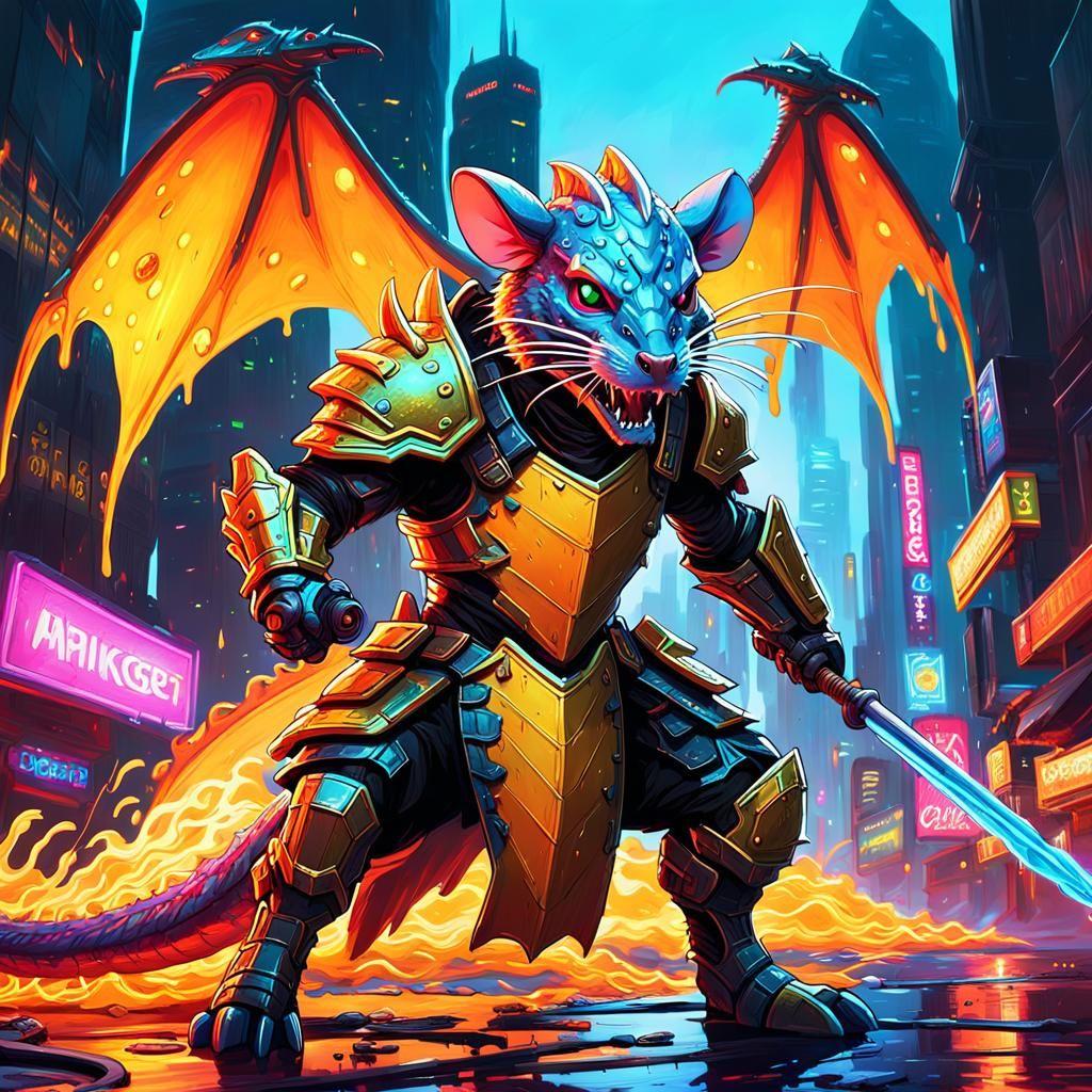 Mouse Fighter Versus Cheese Dragon in Cyberpunk Style
