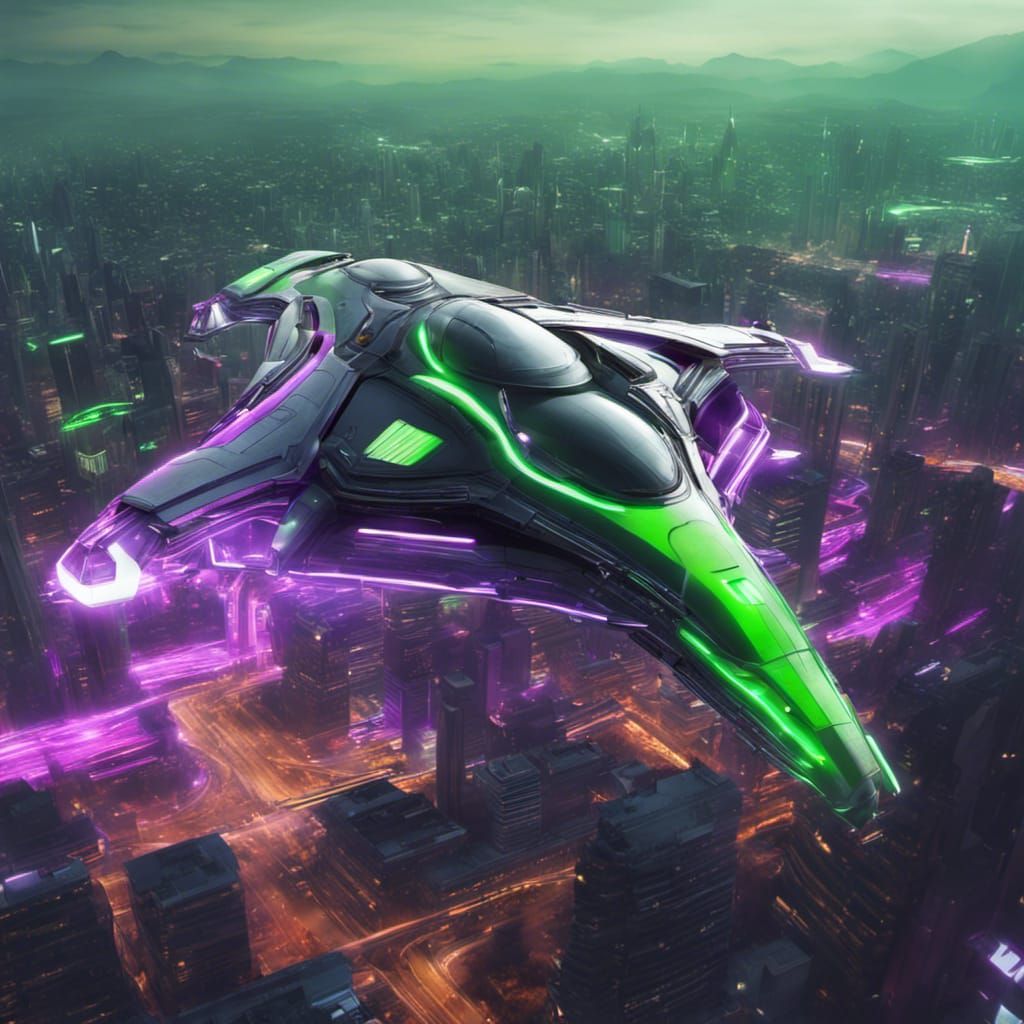 Futuristic Spaceship Over Neon Cityscape