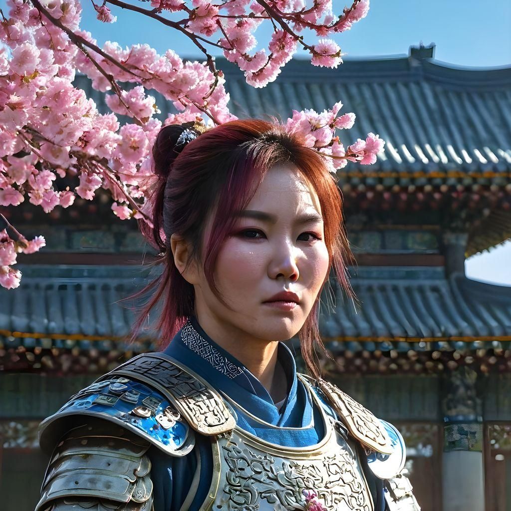 Korean Medieval Warrior Portrait with Cherry Blossoms