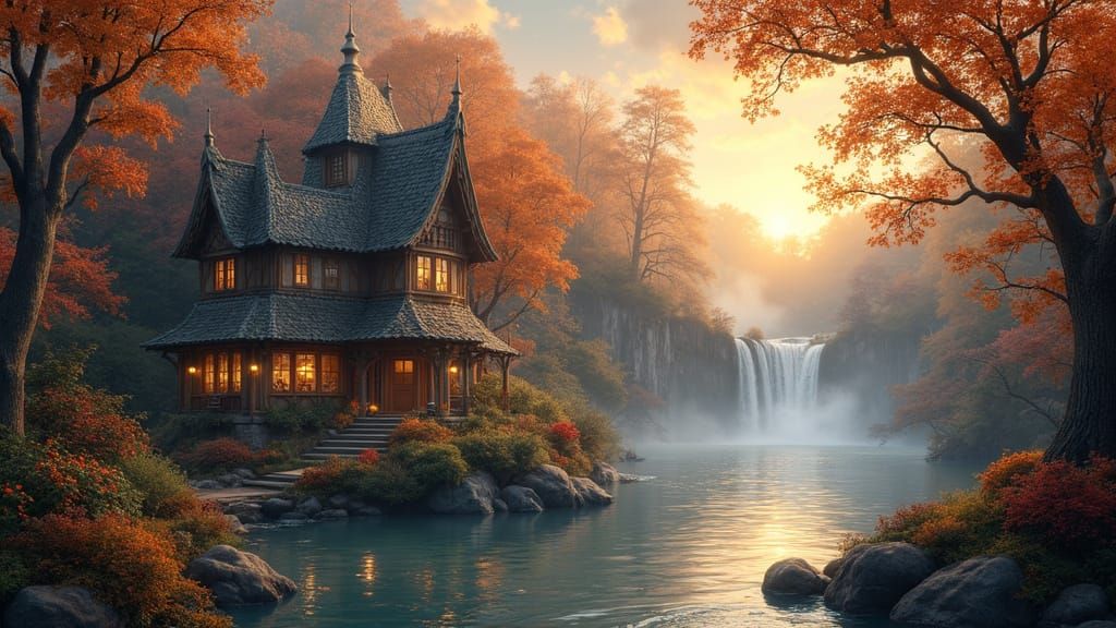 Fantasy Woodland Houses by Lake at Sunset