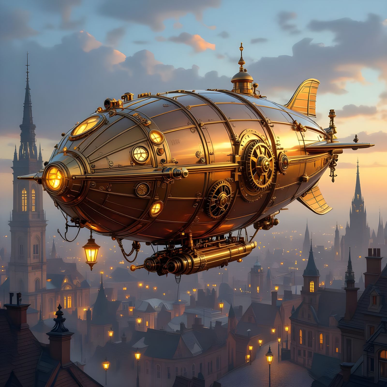 Steampunk Airship Soaring Over Victorian City