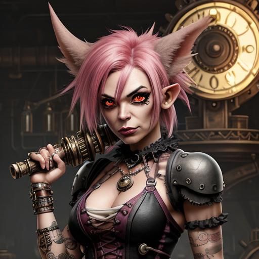 Punk Rock Goblin Girl with Steampunk Engine