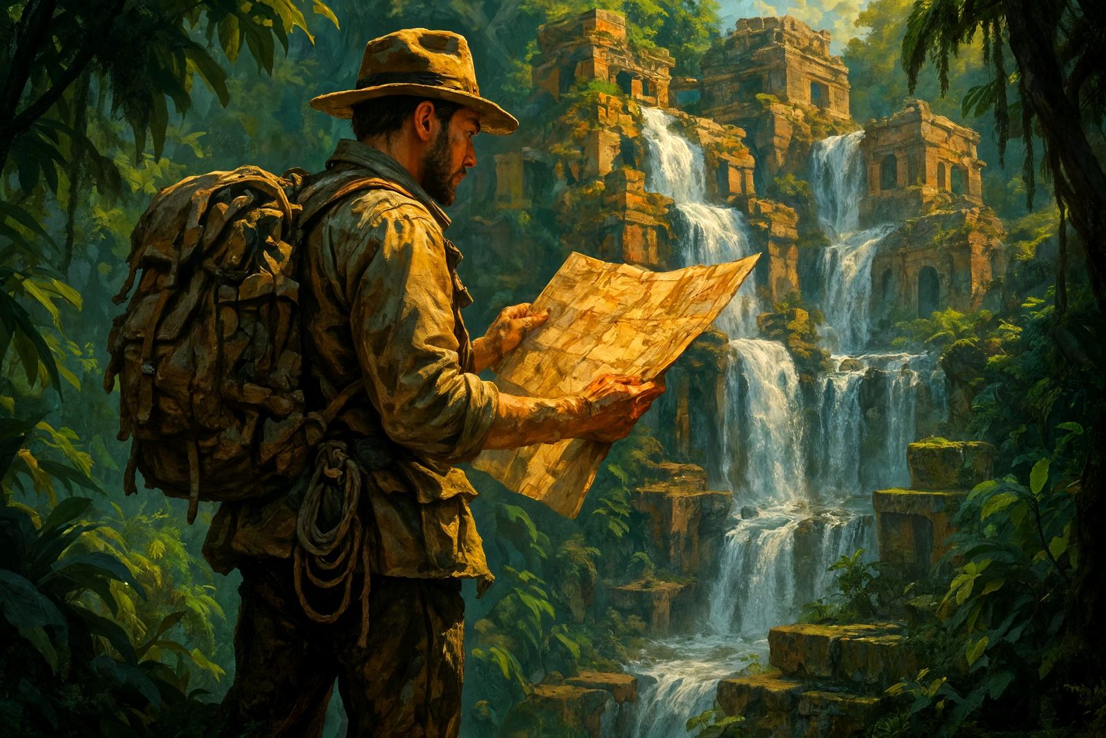 Explorer in Ancient Ruins with Cascading Waterfalls