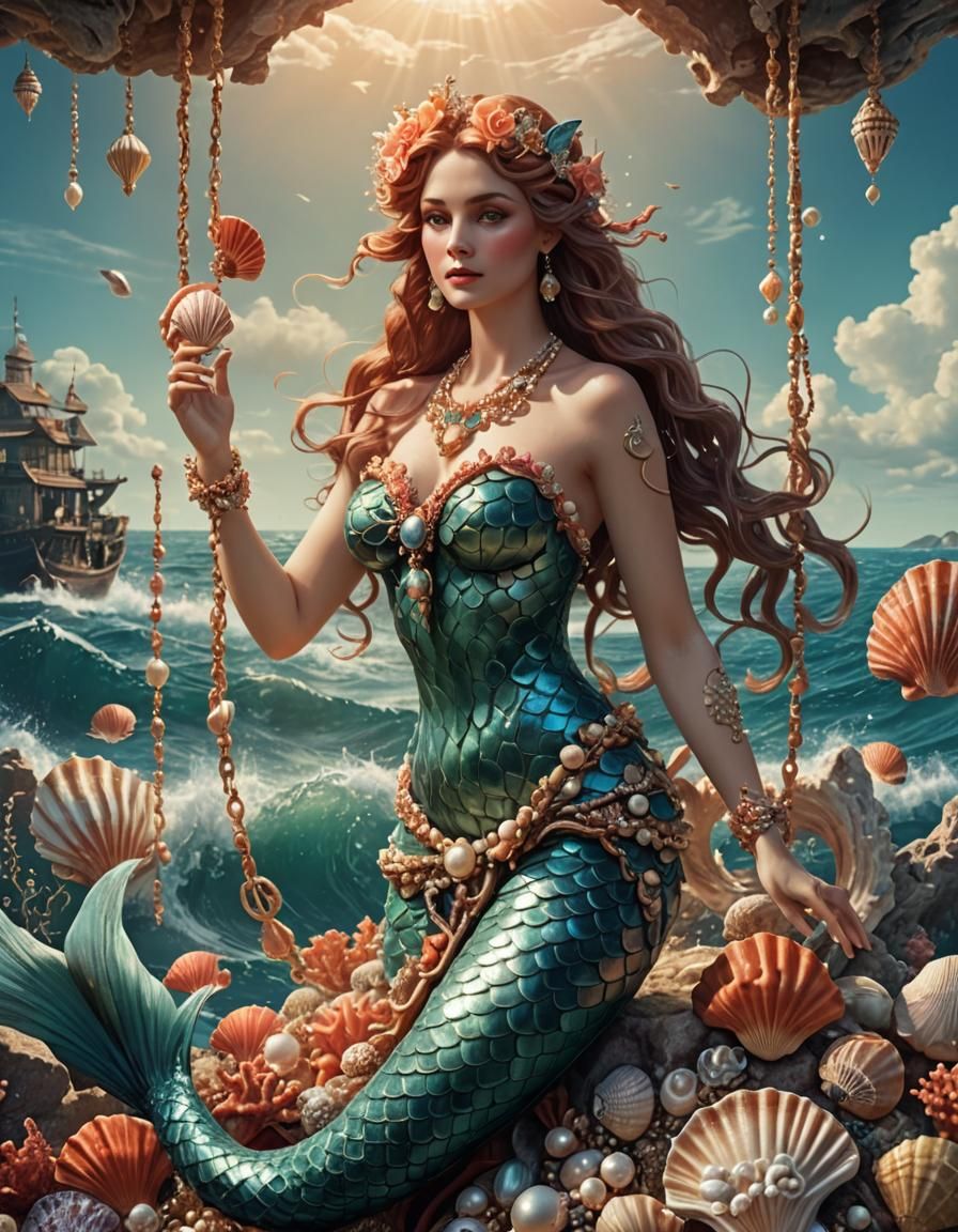 Vintage Mermaid in Coral Colors, Fantasy Art