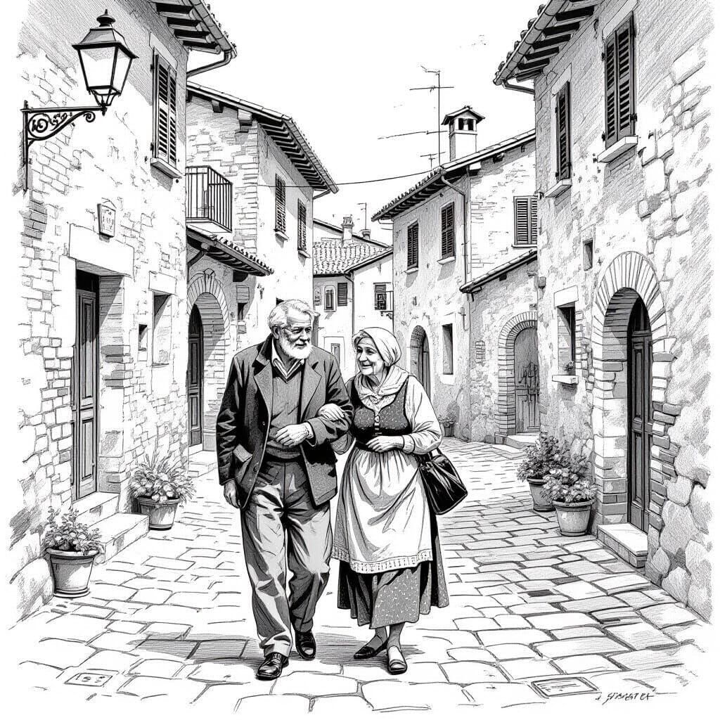 Old Italian Couple: Schematic Pencil Drawing