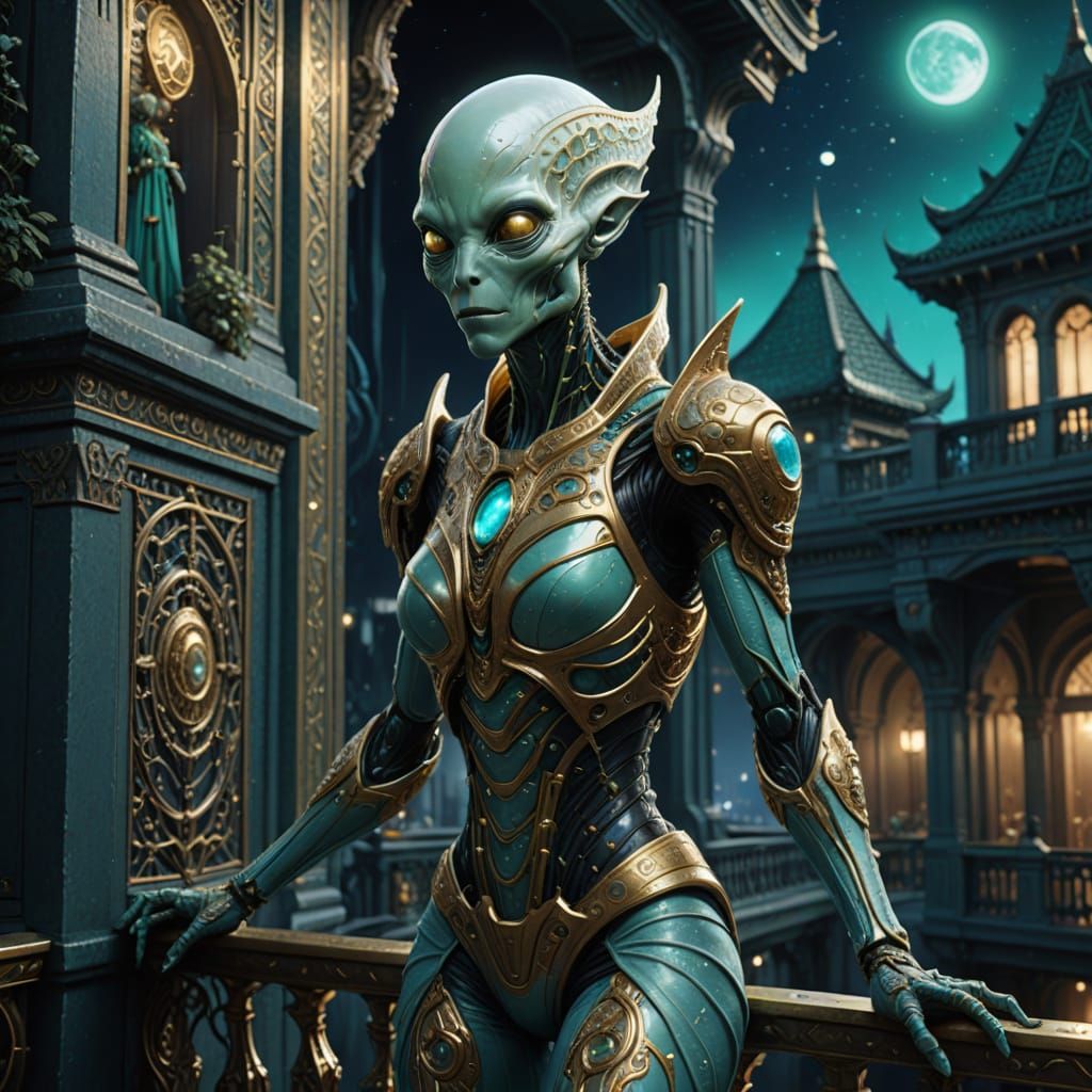 Alien Knight on Balcony in Moonlit Sci-Fi Landscape