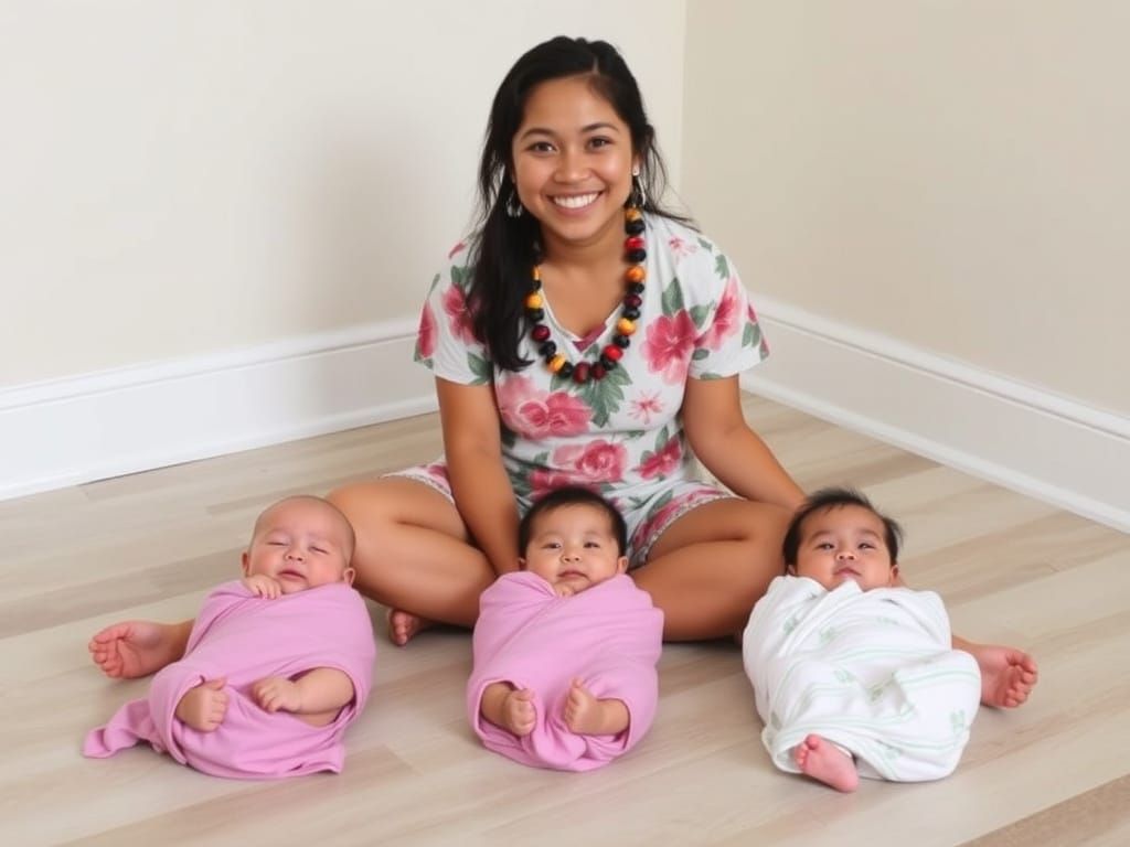 Hawaiian Woman Poses with Three Babies