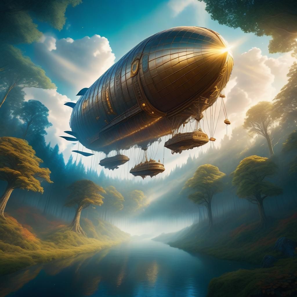 Majestic Airship Over Mystical Forest, Digital Matte Paintin...