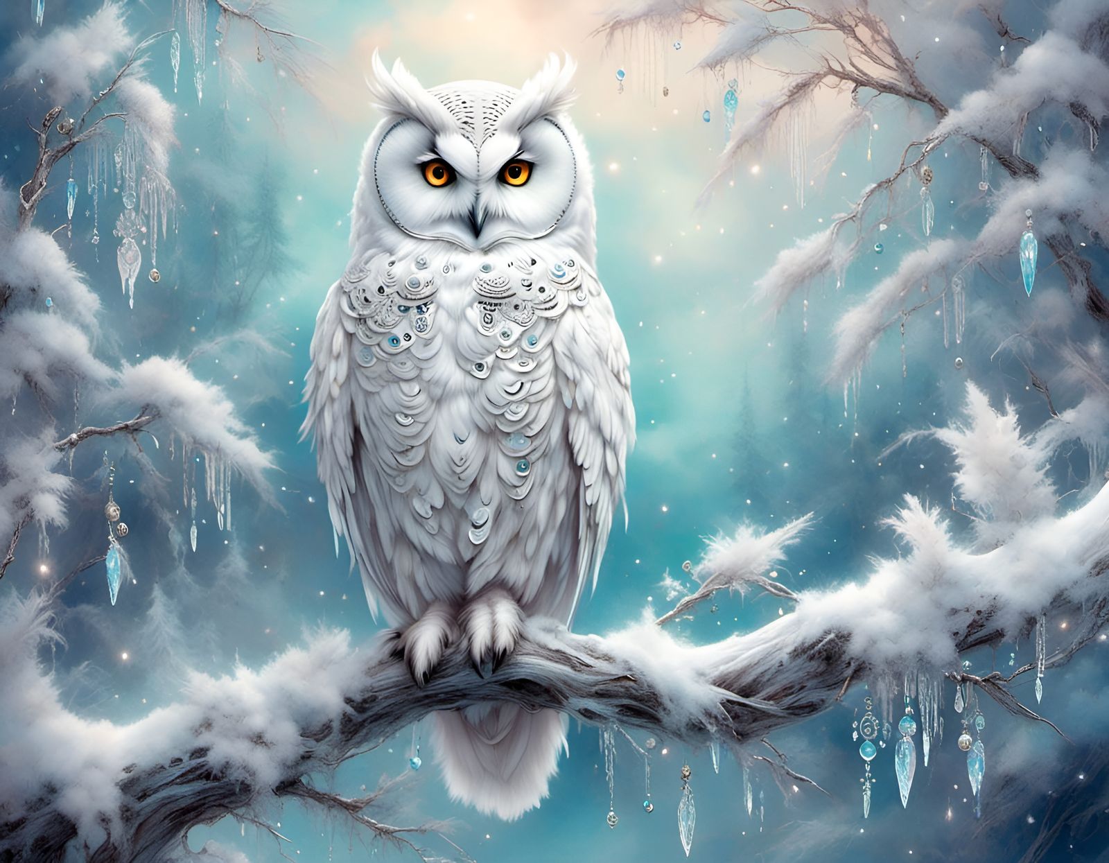 Dreamy White Owl in Snowy Steampunk Landscape