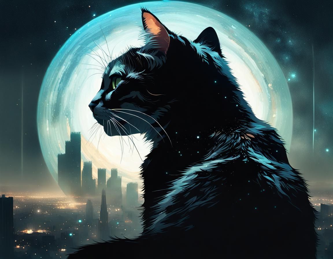 Galaxy Cat Silhouette: Double Exposure Digital Art