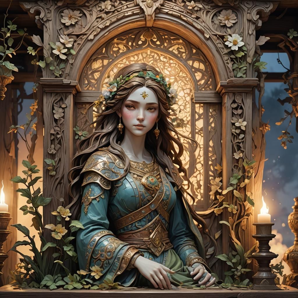 Dawn Light on Intricate Wood Carvings in Watercolor