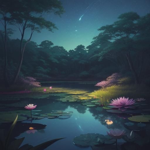 Moonlit Lagoon with Water Lilies in Anime Style