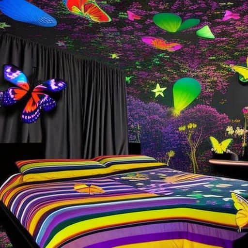 Psychedelic Dream Bedroom with Mushrooms and Butterflies