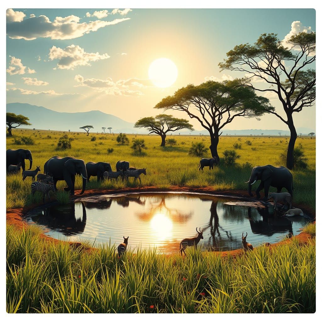 Savanna Oasis with Elephants and Predators in Fantasy Concep...