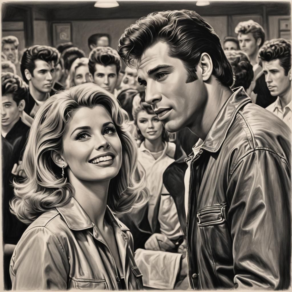 Hyperdetailed Charcoal Drawing of Grease Movie Scene