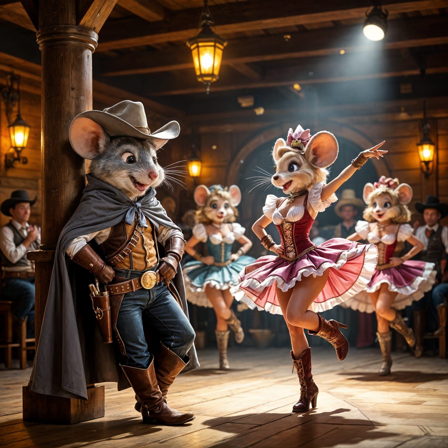 Mouse Sheriff in Lively Western Saloon with Can-Can Dancers