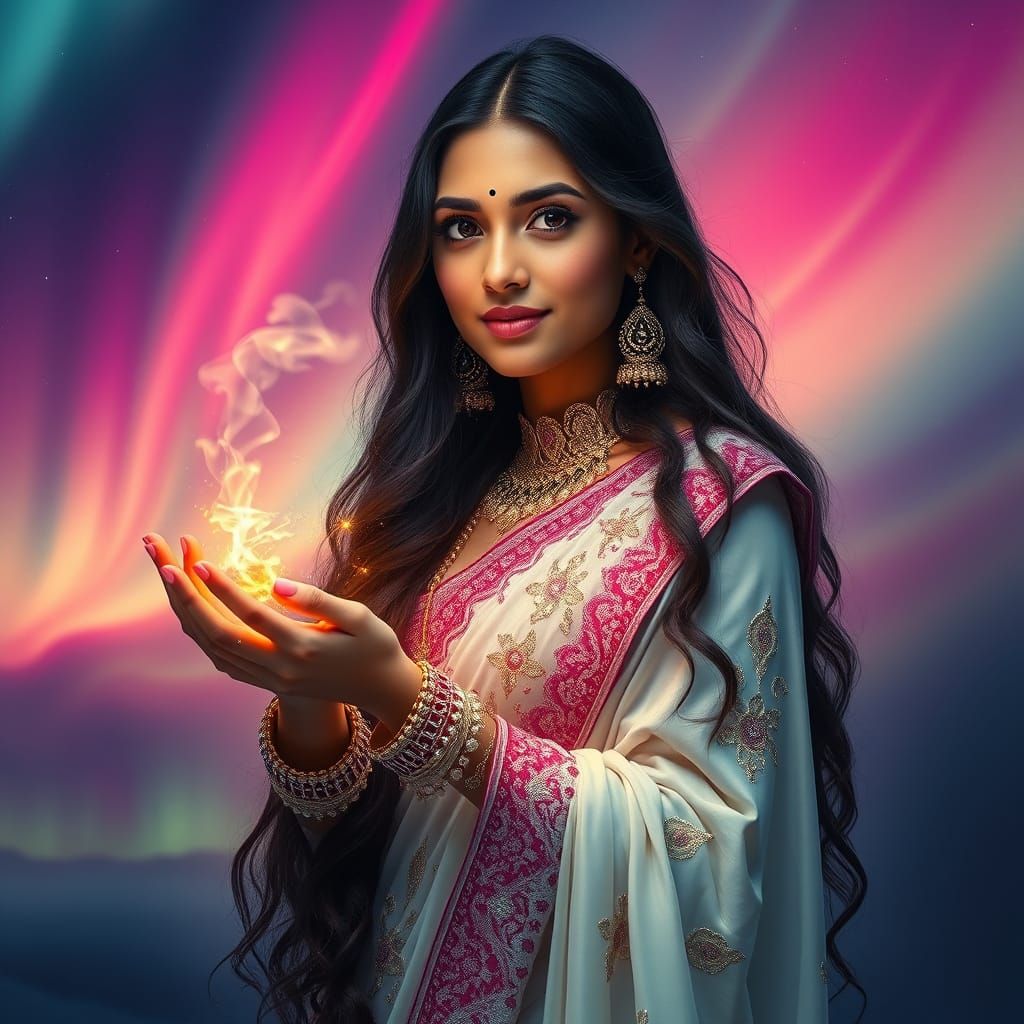 Vibrant Aurora Goddess in White Lahenga with Ethereal Smoke ...