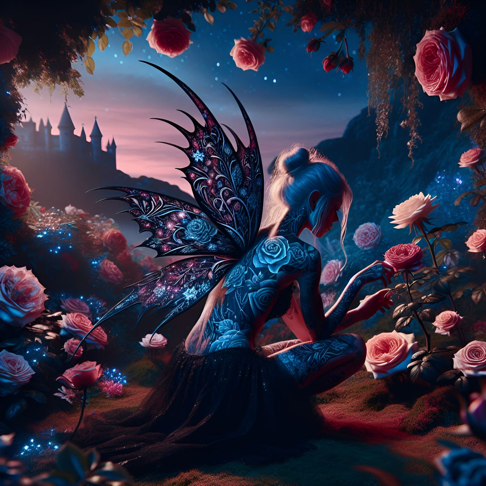 Dark fairy with a beautiful elaborate rose tattoo covering her back