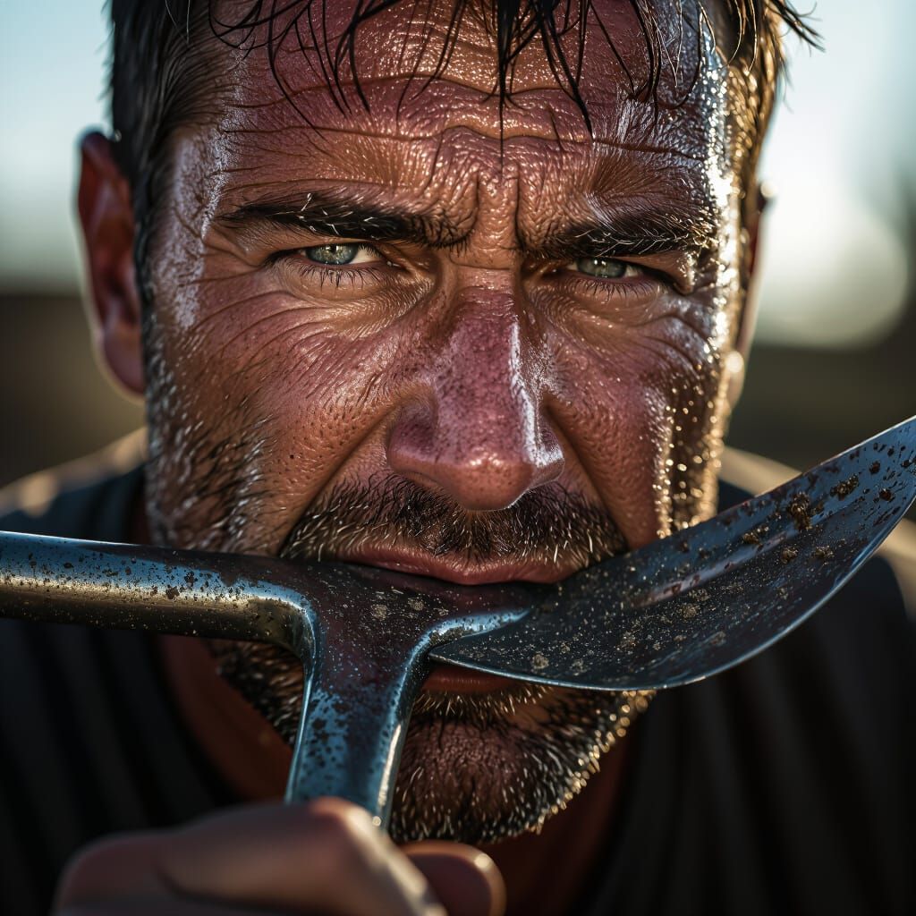 Man Gritting Teeth on Shovel Handle, Photorealistic Close-Up