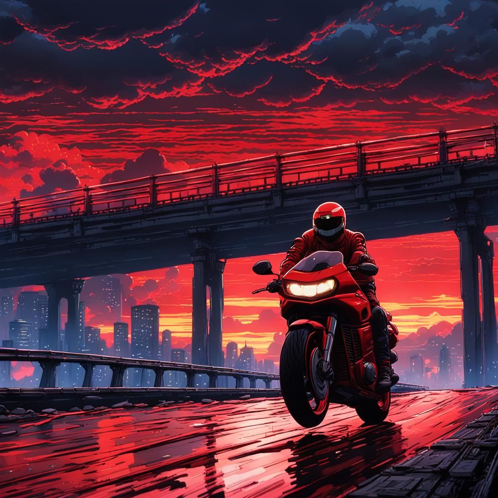 Kaneda's Motorcycle in Neon Cityscape, Anime Style
