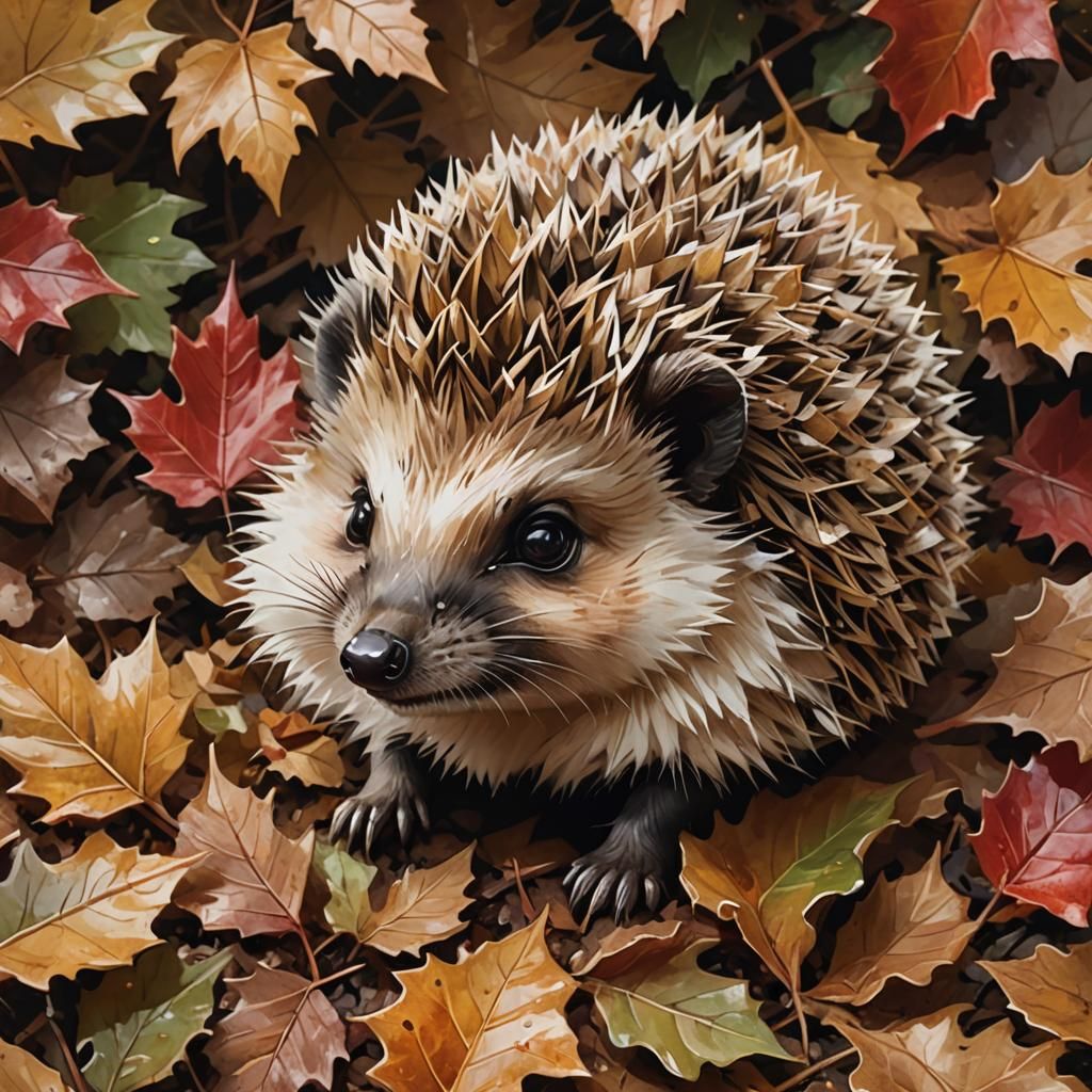 Adorable Hedgehog in Autumn Leaves, Oil Painting Style