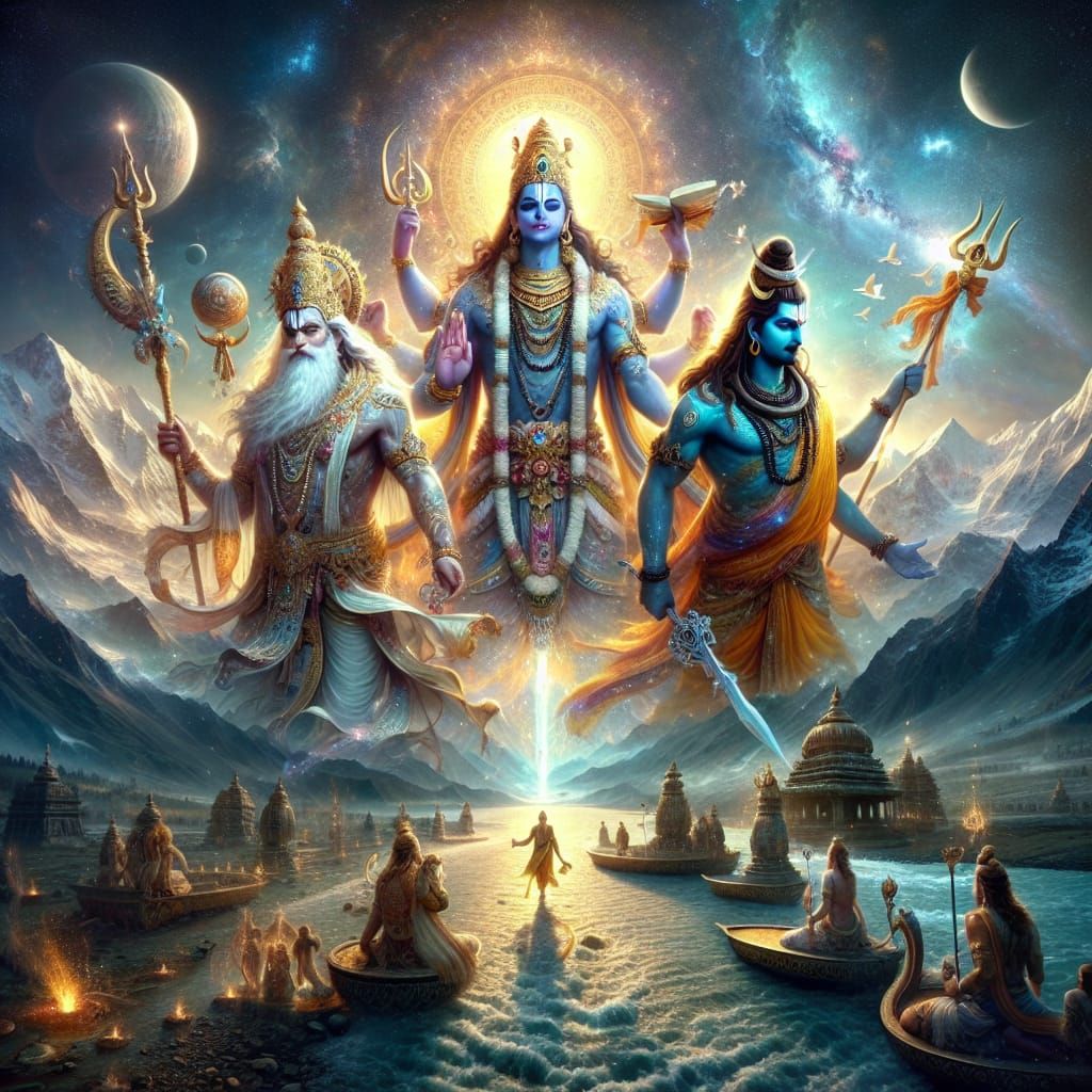 Hindu Trimurti Gods in Cosmic Harmony: Digital Painting