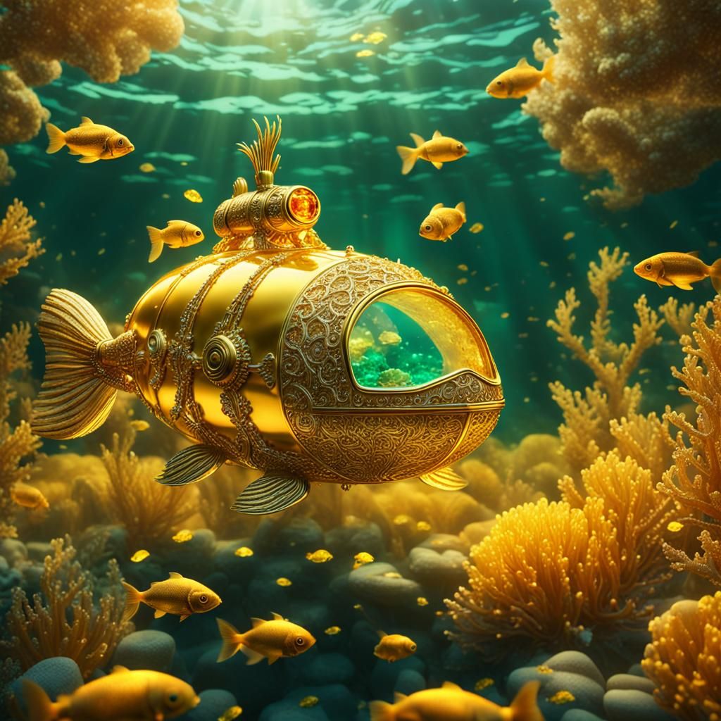 Golden Fish Submarine in Sunlit Coral Reef