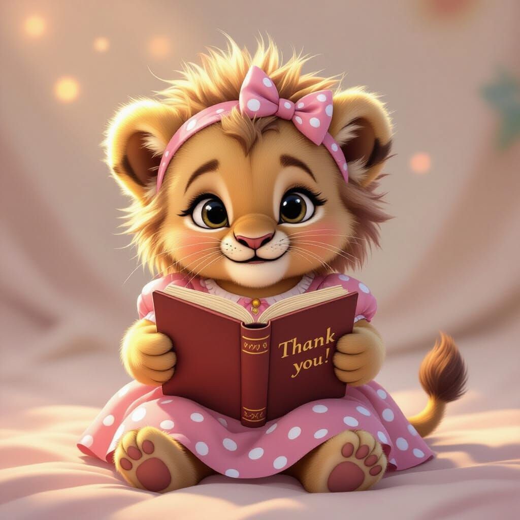 Baby Lion in Polka Dot Dress with 'Thank You' Book