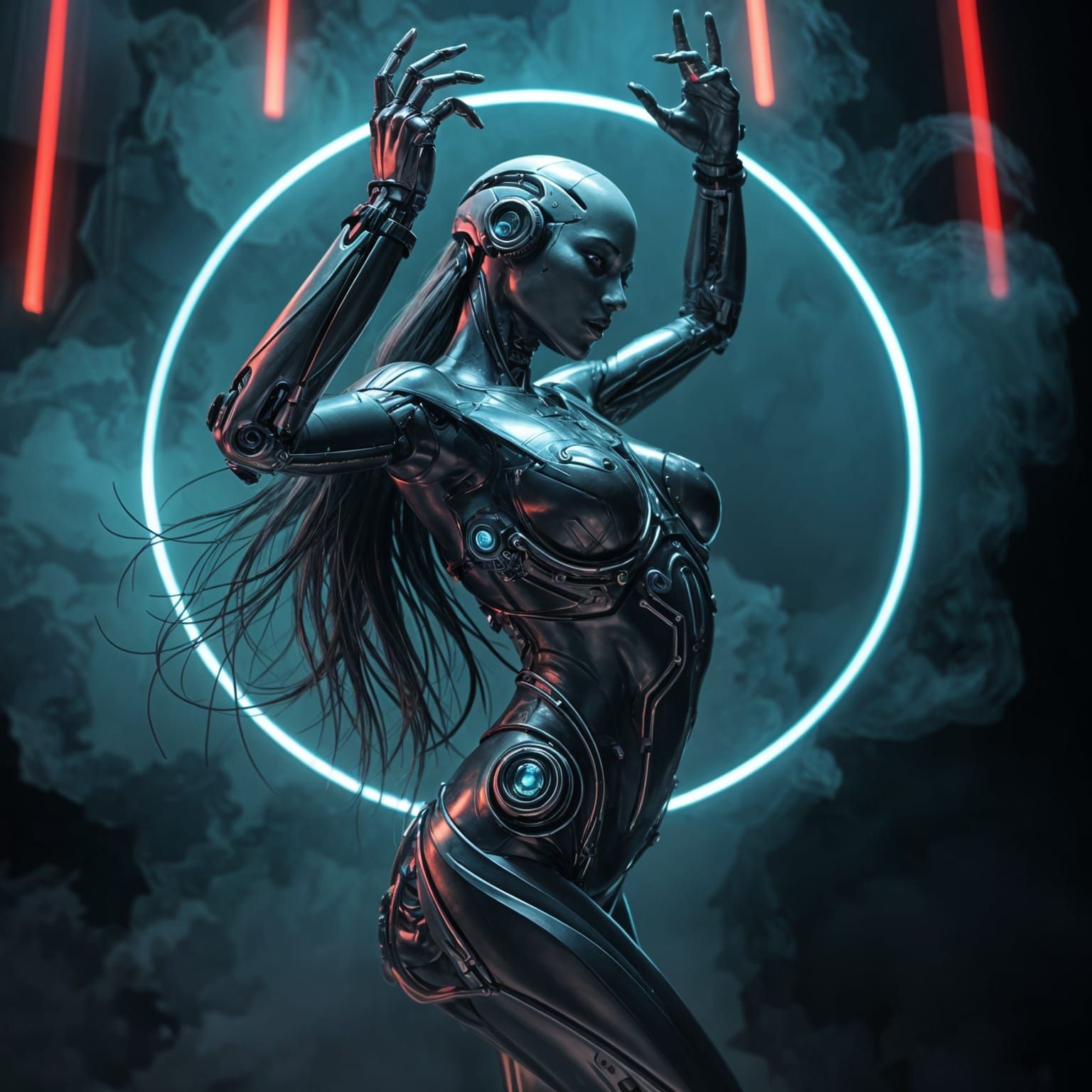 Cyborg Dancer in Dark, Gritty Environment