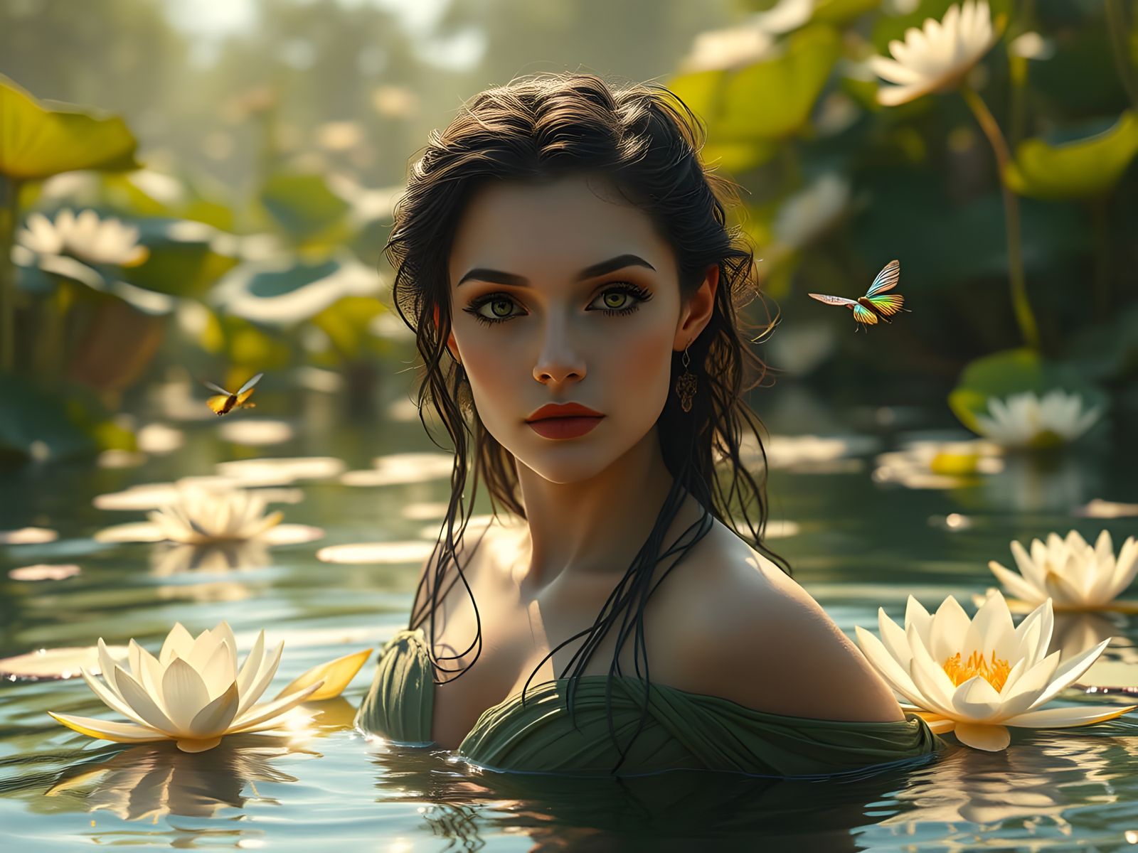 Serene Mermaid in a Vibrant Water Lily Lake