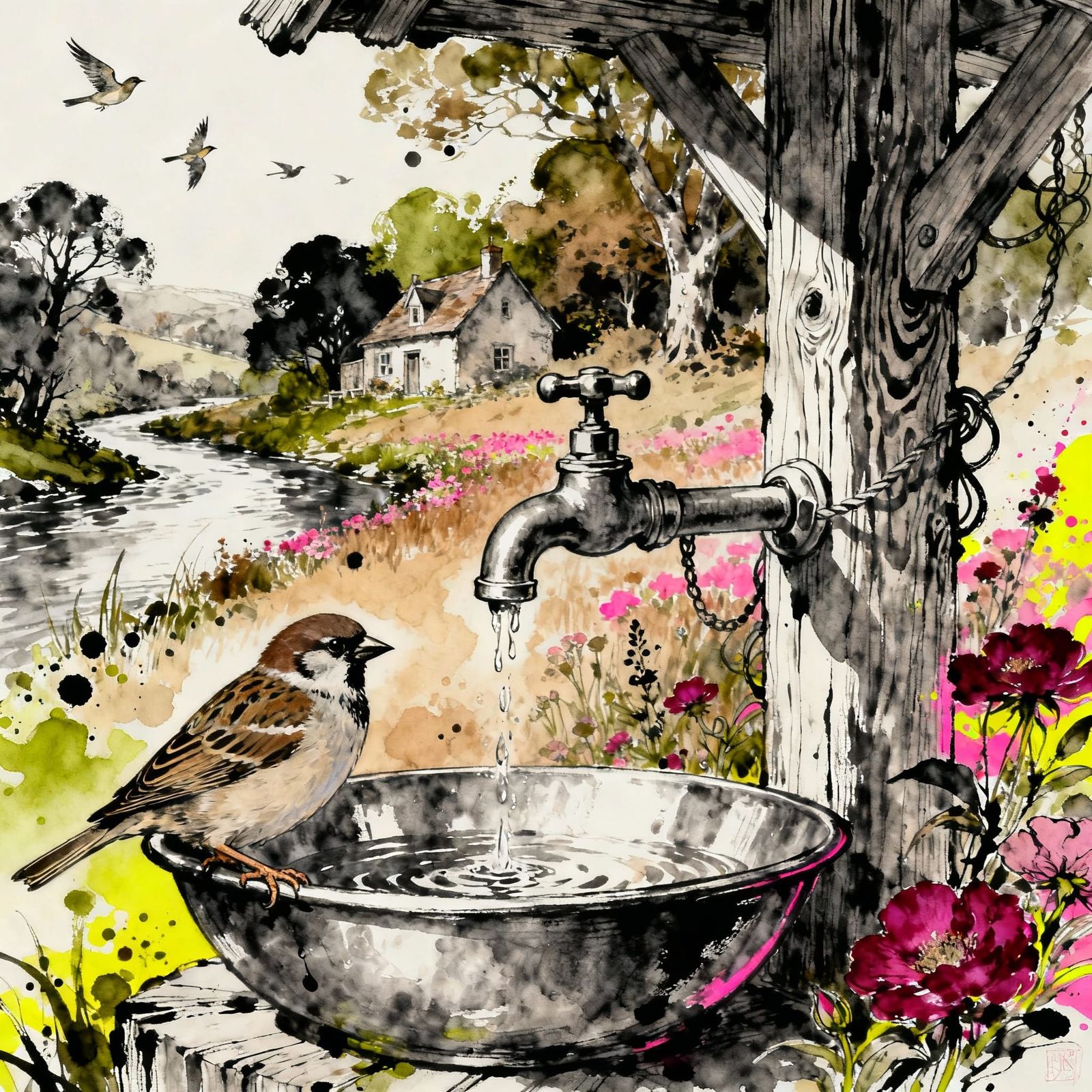 Create a closeup double exposure Sparrow sitting on a metal ...