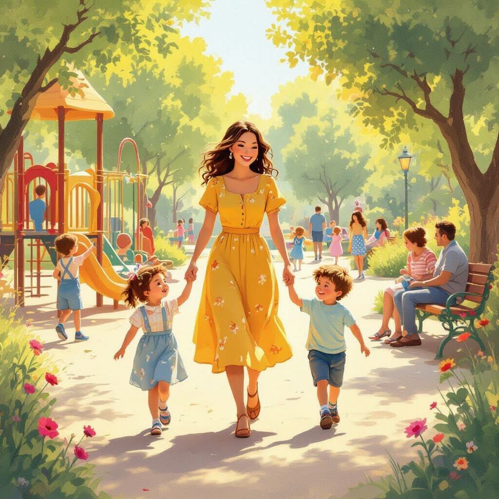 Mother and Children's Joyful Day at Playground