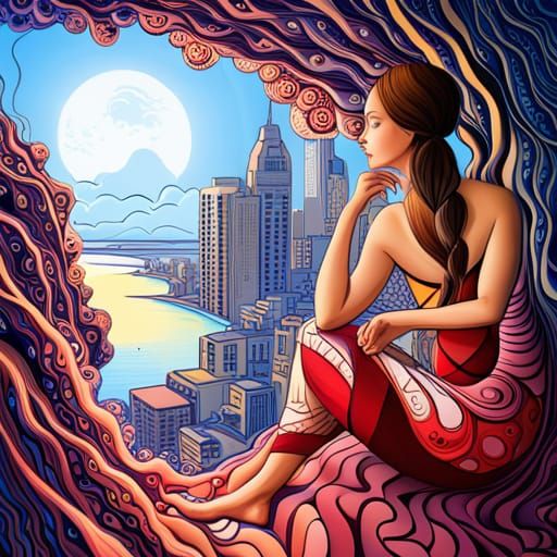 Serene Woman Gazing at Perth: Abstract Vector Art