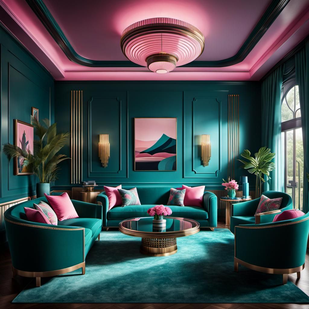 Art Deco Living Room in Teal, Pink and Aqua