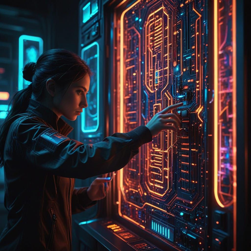 Epic Futuristic Scene with Neon Lights and Intricate Circuit...