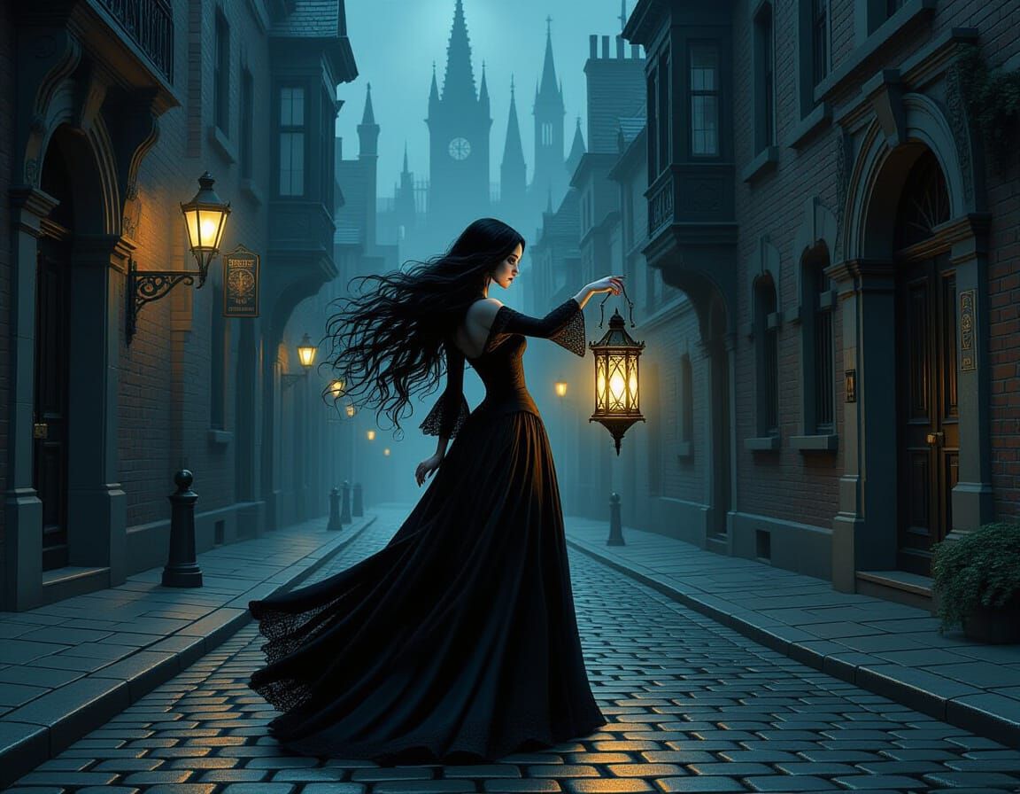 Gothic Woman with Lantern in Victorian City