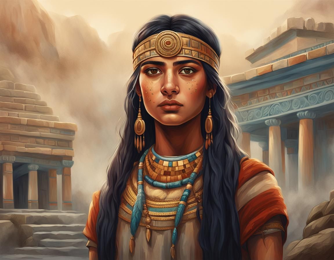 Minoan Girl Portrait with Temple Background