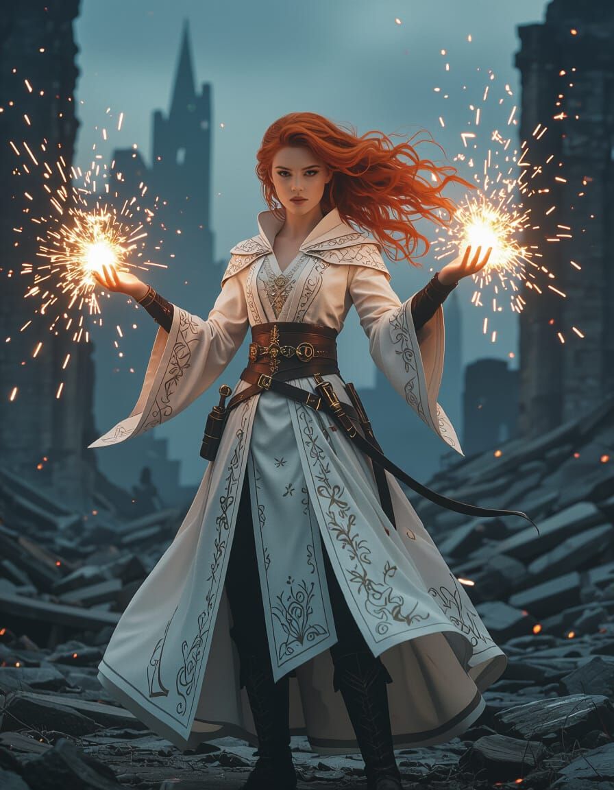 Spark Mage in Ruined City: Cinematic Film Still