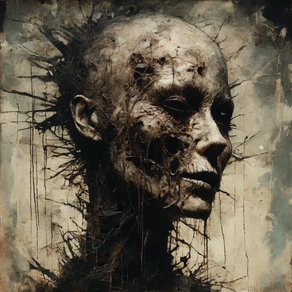 Creepy Pinhead Portrait in Mixed-Media Style